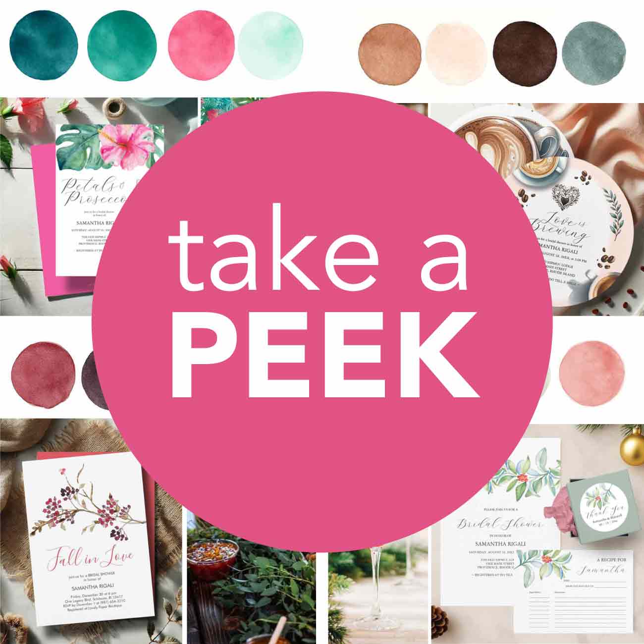 Collage of curated bridal shower themes featuring fall, winter, and coffee-inspired stationery and color palettes. Click to explore more ideas and inspiration.