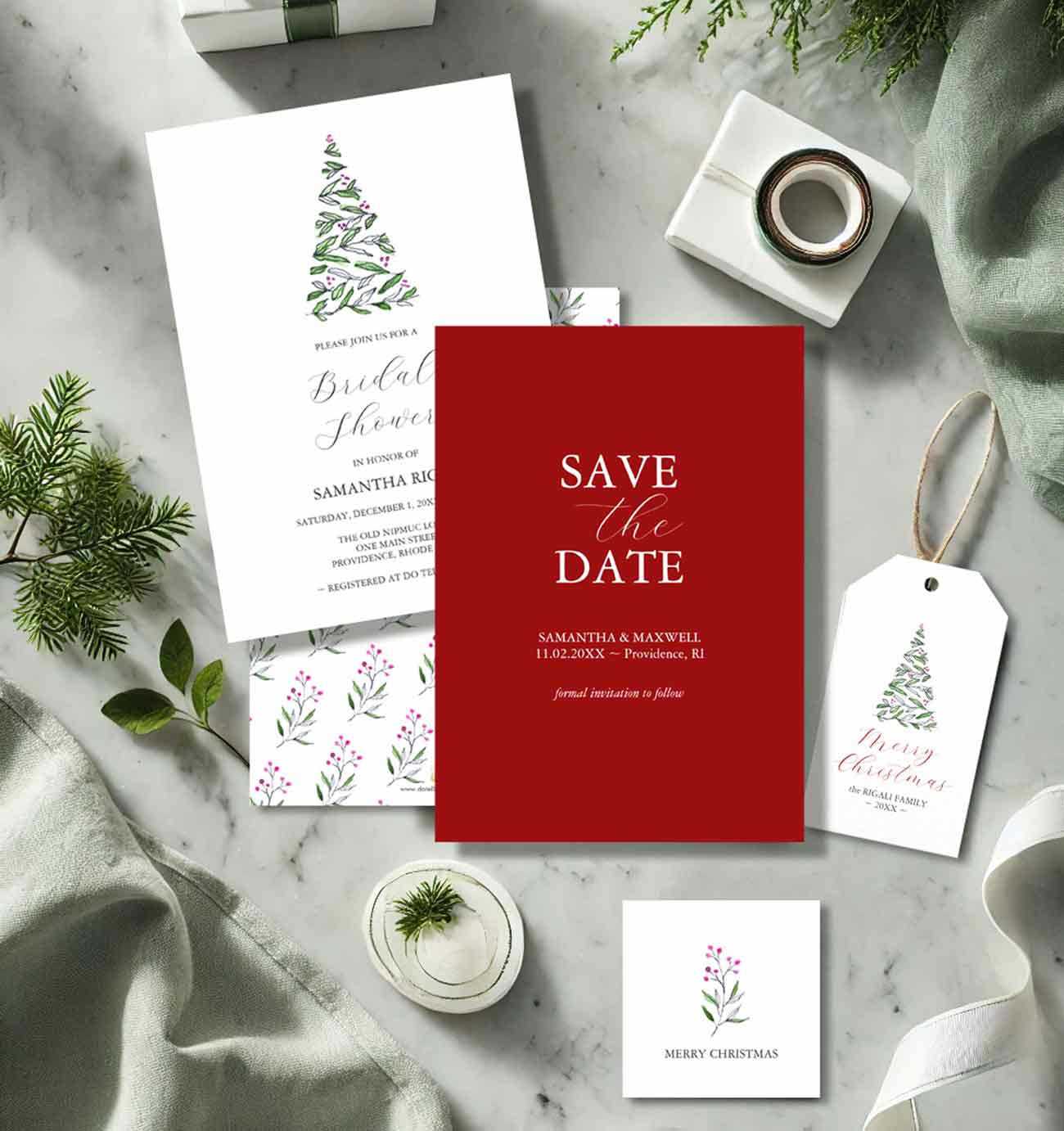 Christmas wedding invitations features save the date, bridal shower invitations and favor tags. Tap the button to shop.