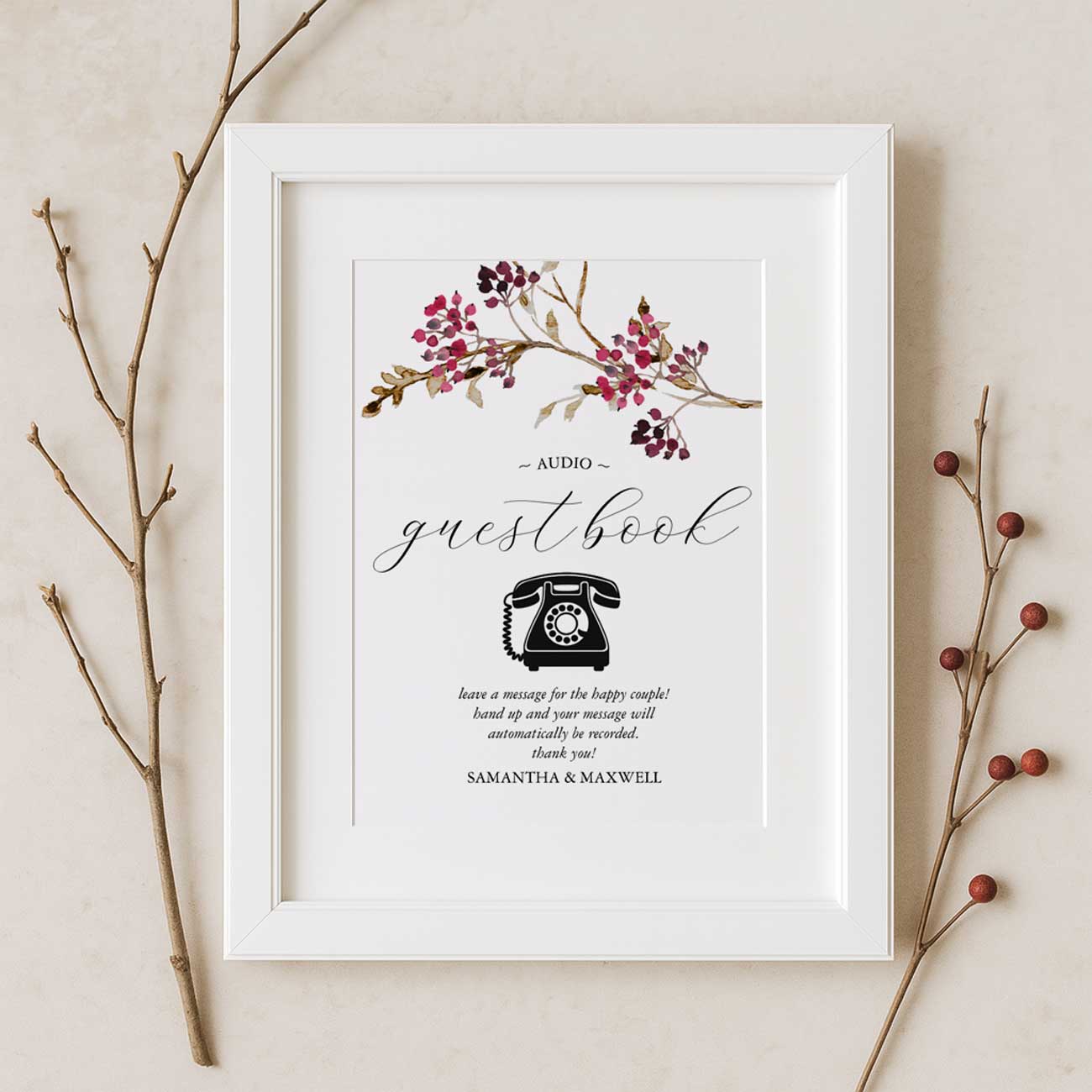 Rustic audio guest book sign with elegant burgundy red and brown botanicals. Part of our fall bridal shower theme party decoration kits.