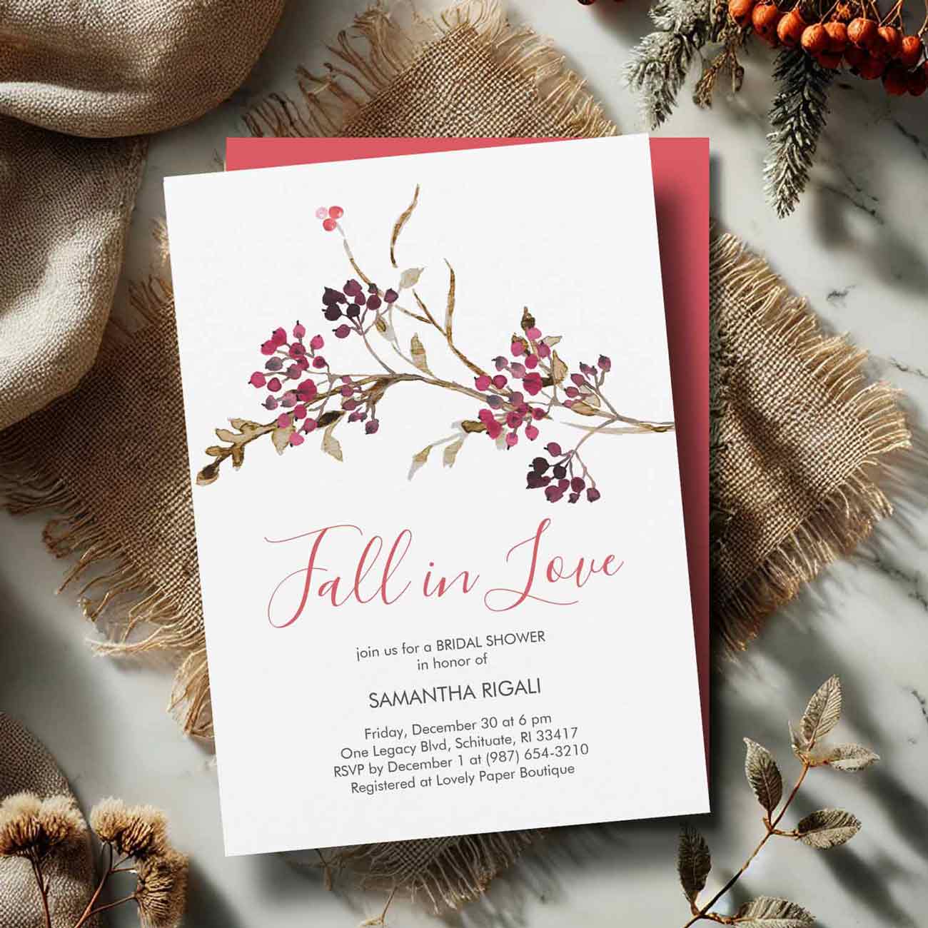 fall bridal shower invitation template features the words fall in low with a hand painted watercolor botanical design.