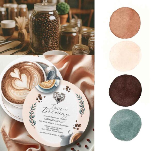 love is brewing bridal shower theme features invitations, coffee decor, color scheme and more.