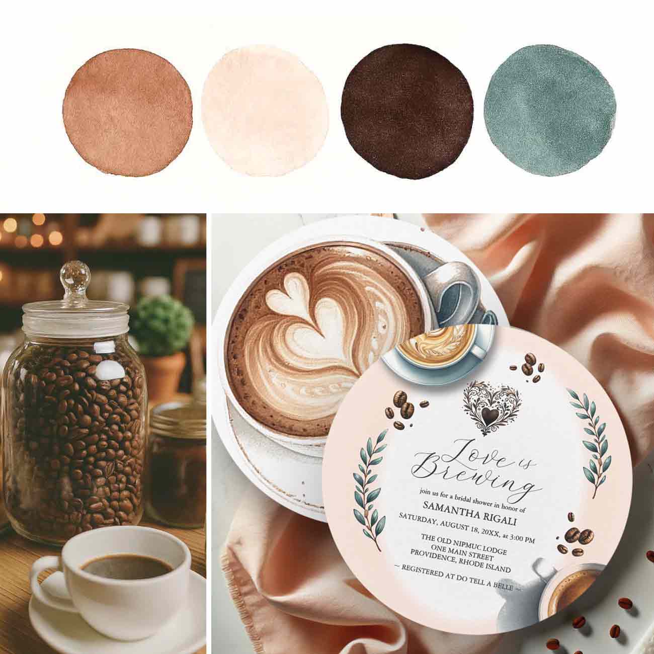 Love Is Brewing bridal shower theme table setup with coffee-inspired decorations, espresso martini invitation design, and neutral color palette featuring cream, brown, and blush tones.