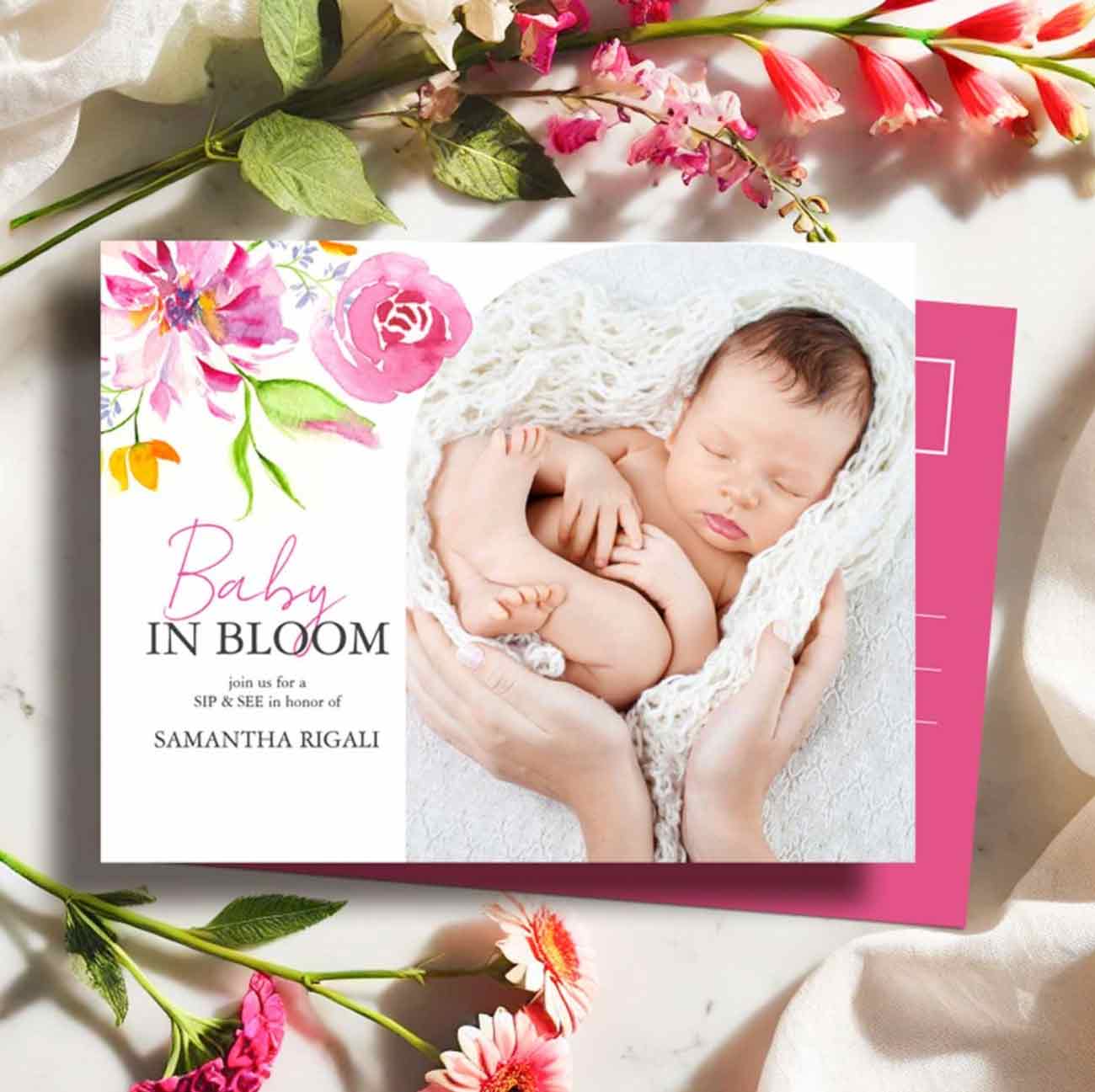 sip and see baby shower invitations with a baby in bloom theme. 