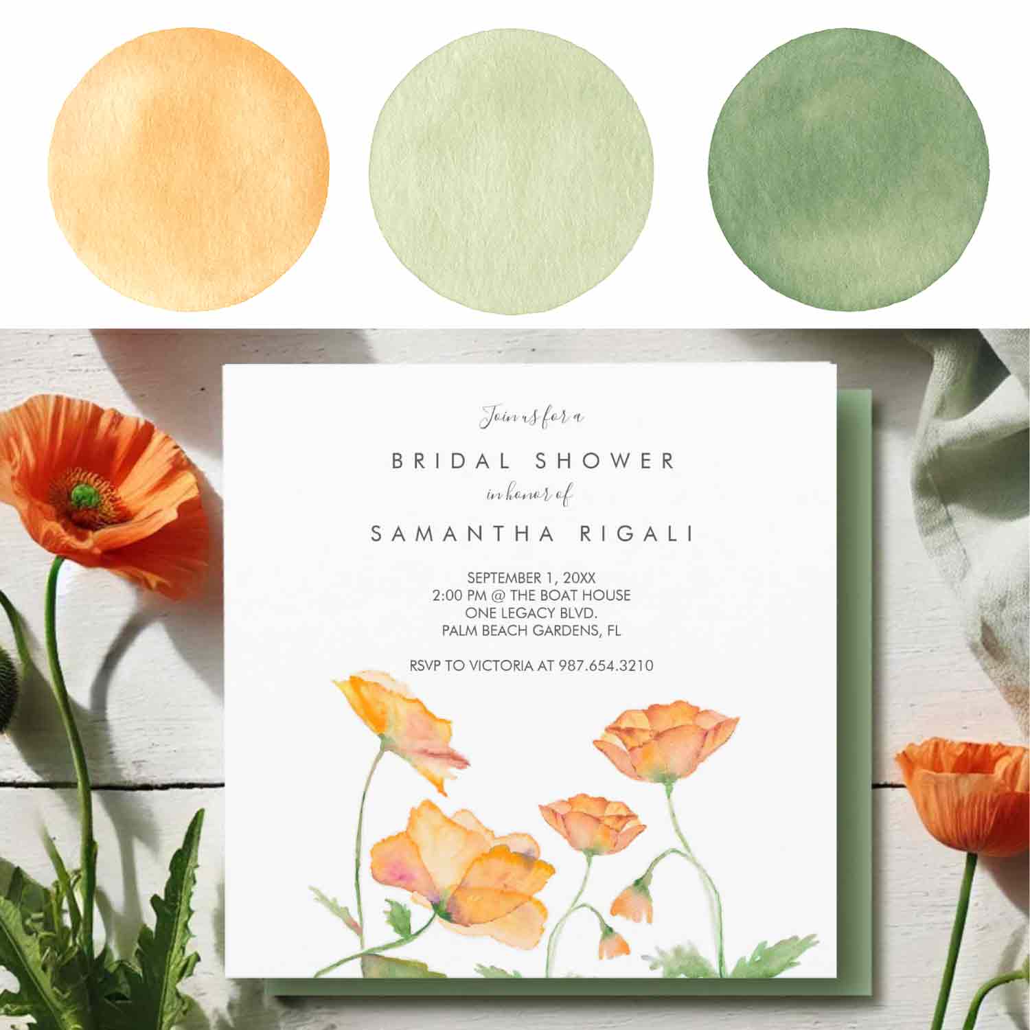 This spring bridal shower theme features a color palette and watercolor orange floral invitation design by artist Victoria of Do Tell A Belle a small business in stationery design and printing in South Florida
