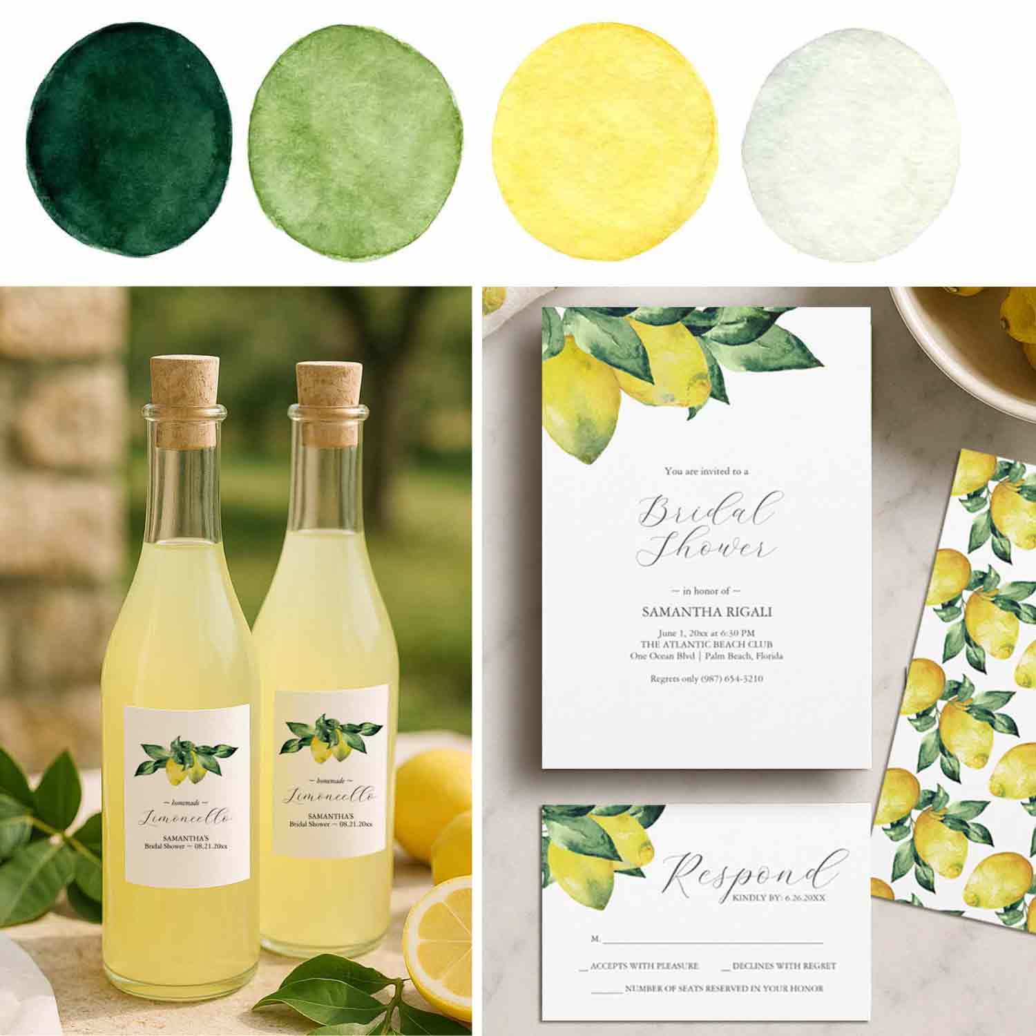 summer Lemon-themed party for the bride with watercolor invitations and favor ideas