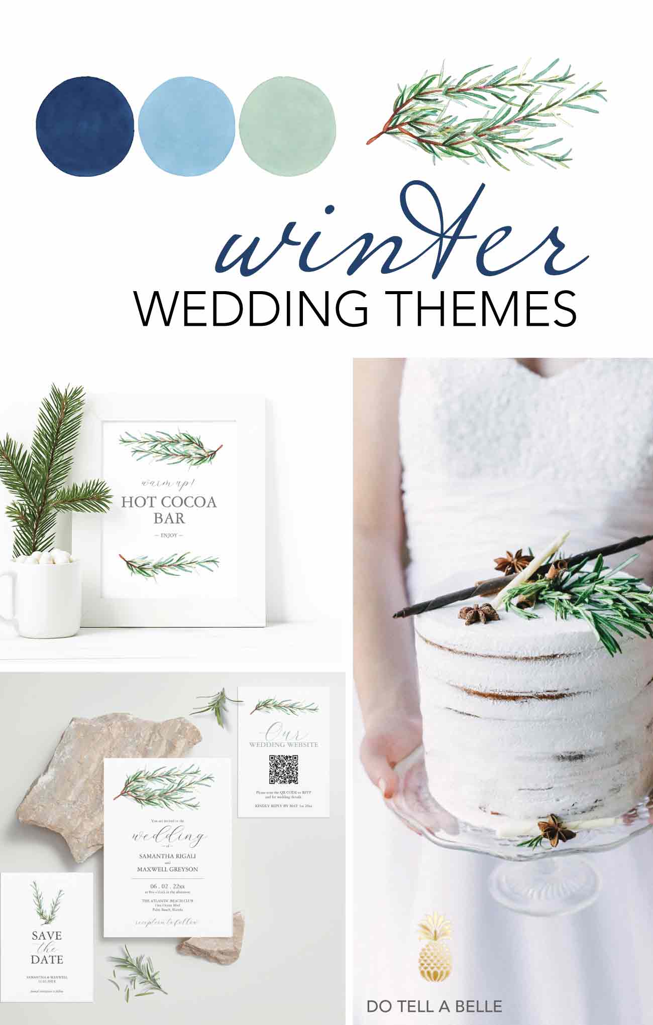 winter wedding theme ideas features micro wedding invitations, cake and decorations.