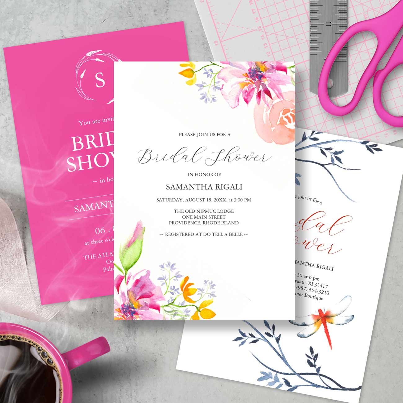 bridal shower invitations by Victoria Grigaliunas of Do Tell A Belle are designed using hand painted and watercolor art. Explore more!