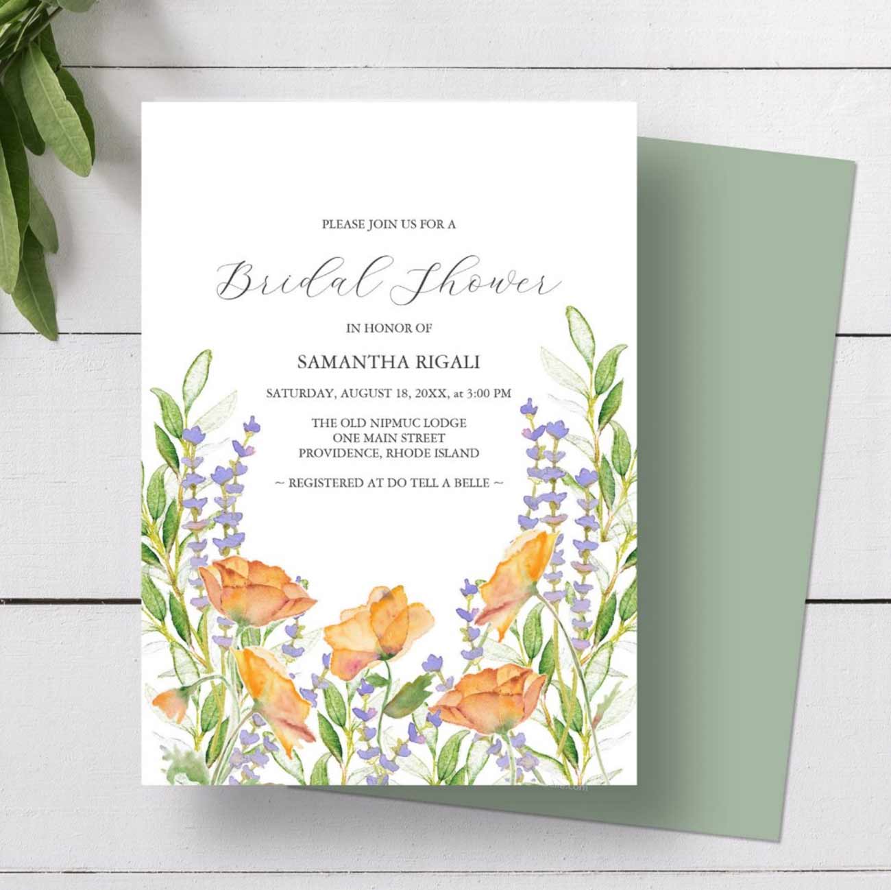 These bridal shower invitations are designed with hand painted watercolor flowers in shades of orange and lavender. 
