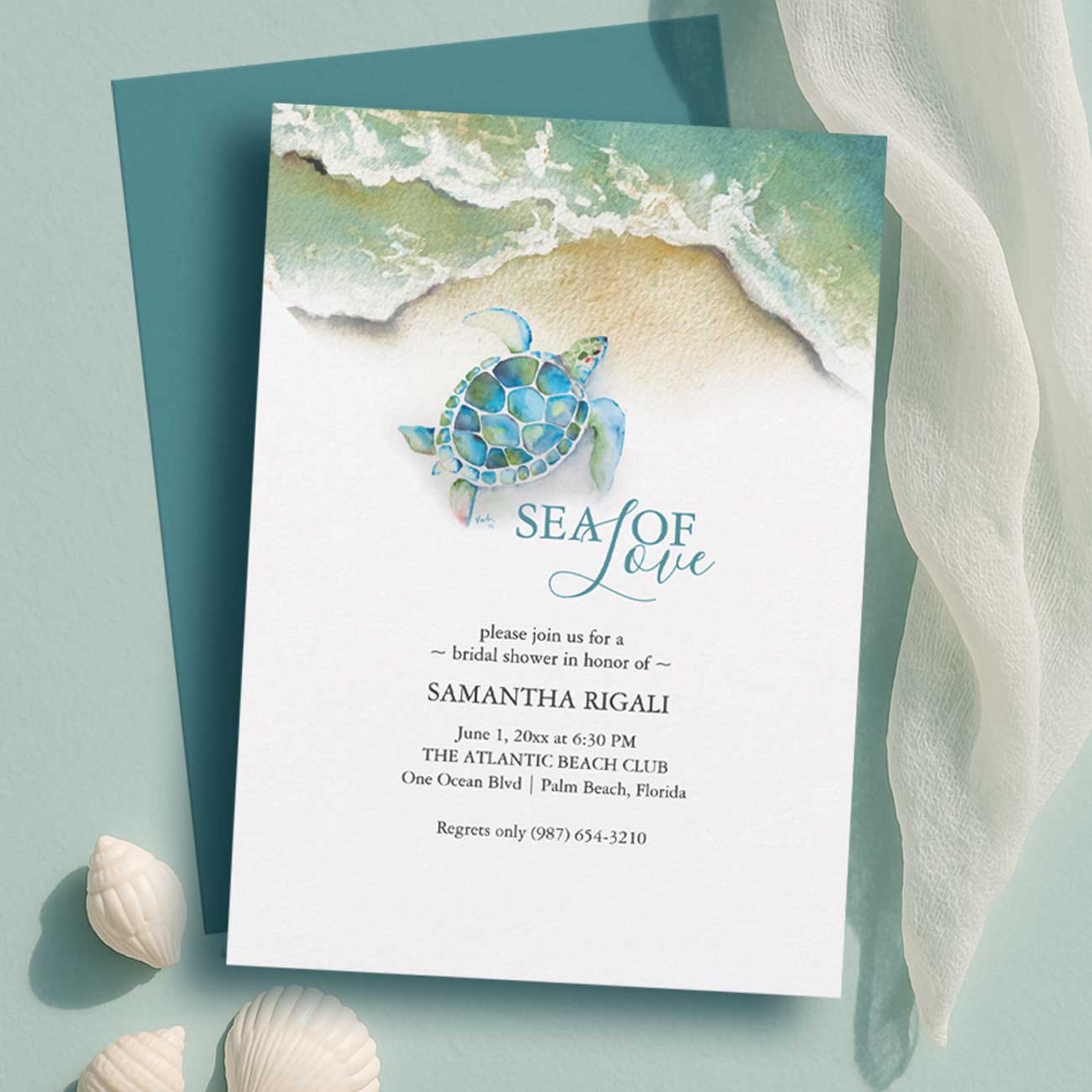Classy beach bridal shower invitation featuring a watercolor sea turtle and shoreline with the words ‘Sea of Love,’ designed by Do Tell A Belle, a small business owner.