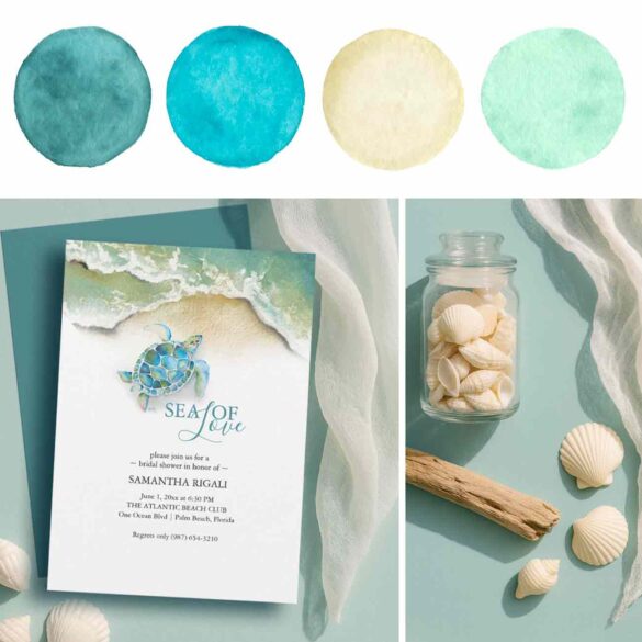 Classy beach bridal shower themes features a color palette, watercolor sea turtle invitations and decoration ideas.