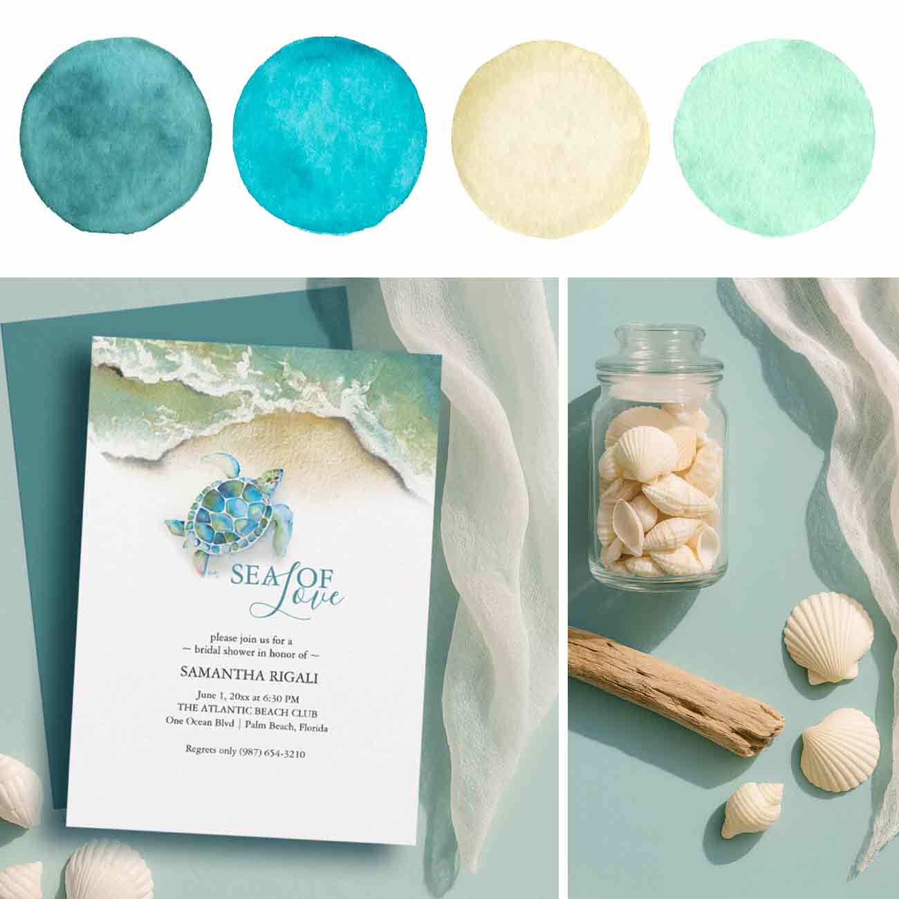 Classy beach bridal shower themes features a color palette, watercolor sea turtle invitations and decoration ideas.