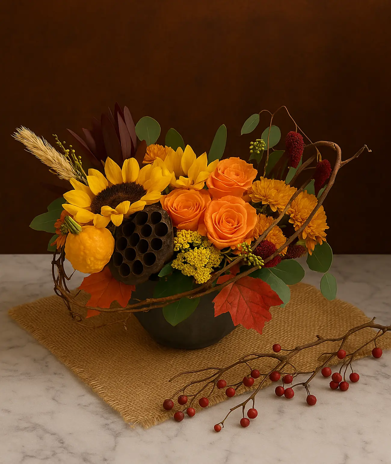 Fall bridal shower floral arrangement with sunflowers and roses on marble and burlap, designed by Wellington Florist in South Florida.
