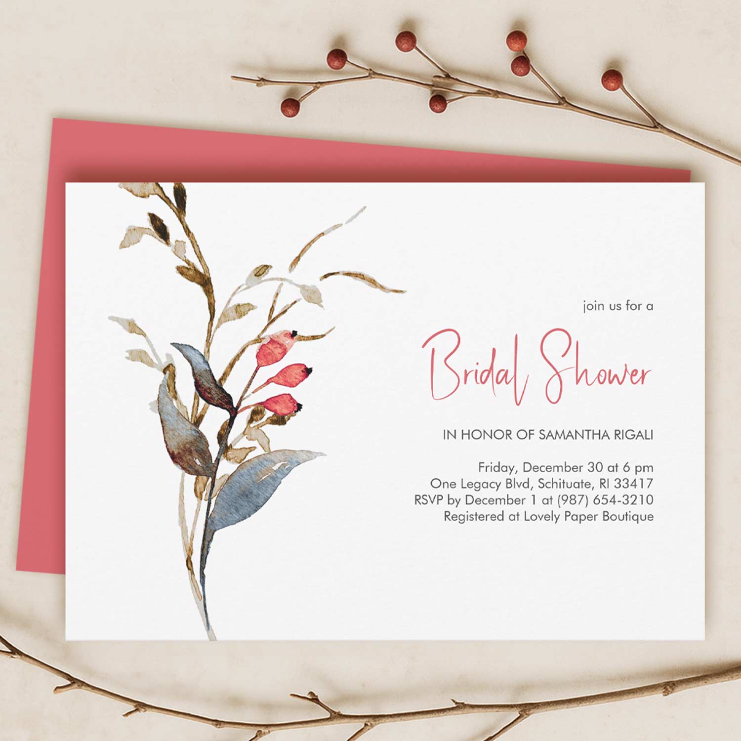 Fall bridal shower theme invitation with watercolor botanicals by Do Tell A Belle, elegant small business stationery design.