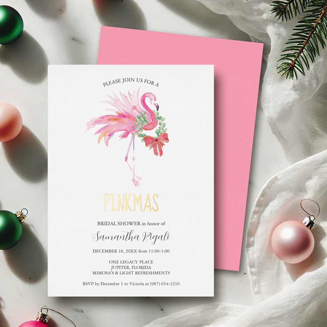 tropical Christmas unique bridal shower invitations designed using a watercolor pink flamingo art by Victoria Grigaliunas of Do Tell A Belle. 