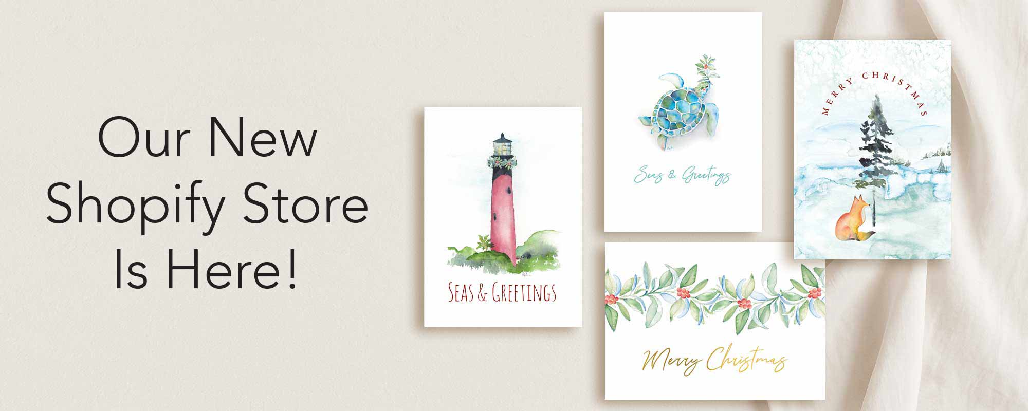 Beach Christmas cards designed with hand painted watercolor art by Victoria Grigaliunas of Do Tell A Belle. Shop our new Shopify store in support of Small Business Saturday.
