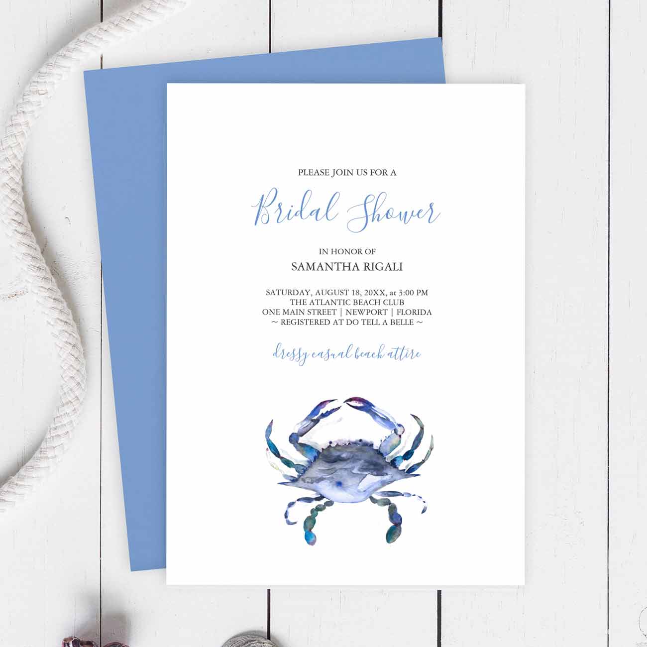 Beach bridal shower invitations featuring watercolor blue crab design by Do Tell A Belle, small business owner, coastal theme