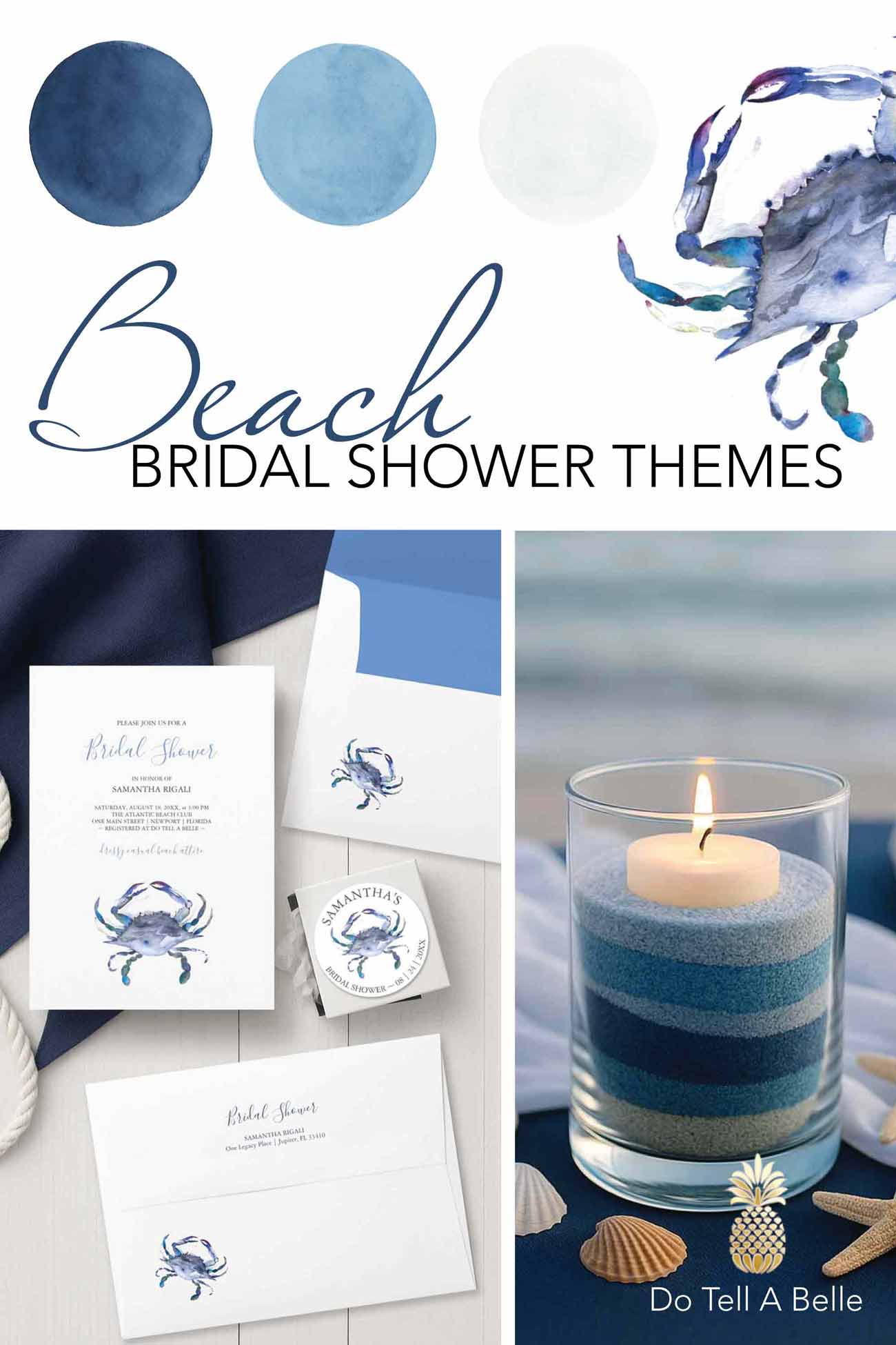 Popular crab beach bridal shower theme with available party kit, color swatches in shades of blue, and DIY craft ideas for mermaid bridal shower.