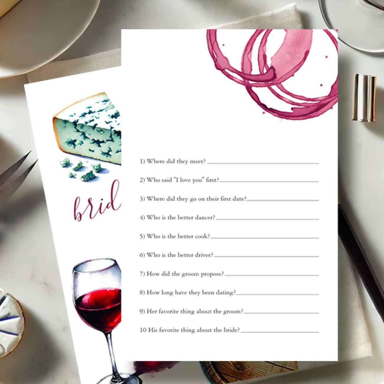 bridal shower games showecases bridal shower trivia with a wine theme. 