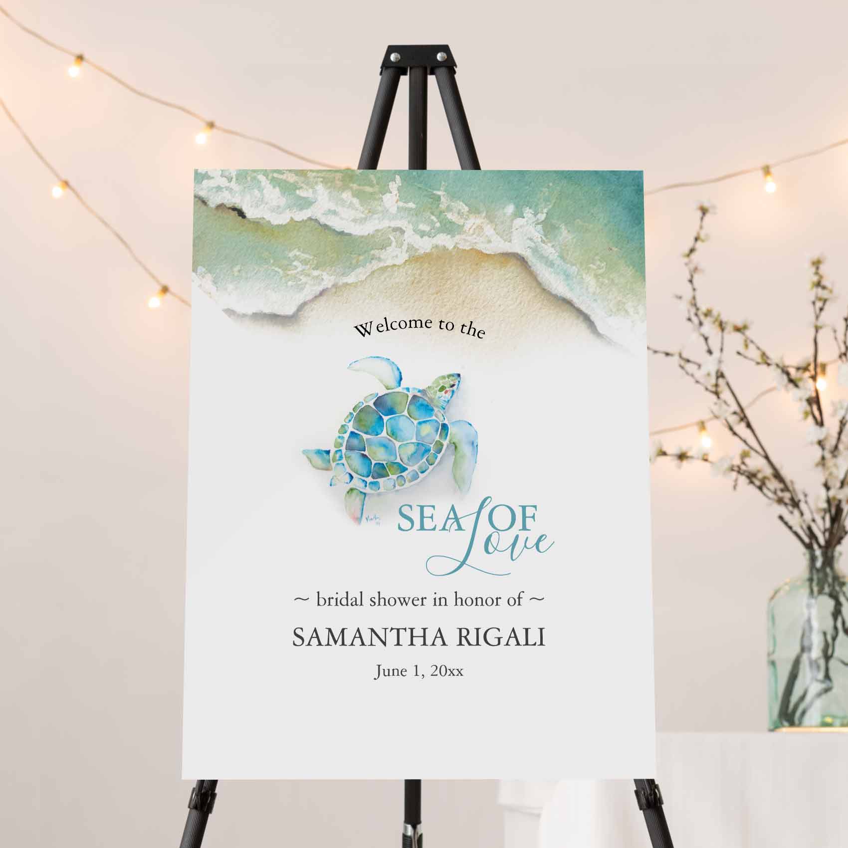 Sea turtle welcome sign designed with hand painted art by Florida watercolor artist Victoria Grigaliunas of Do Tell A Belle