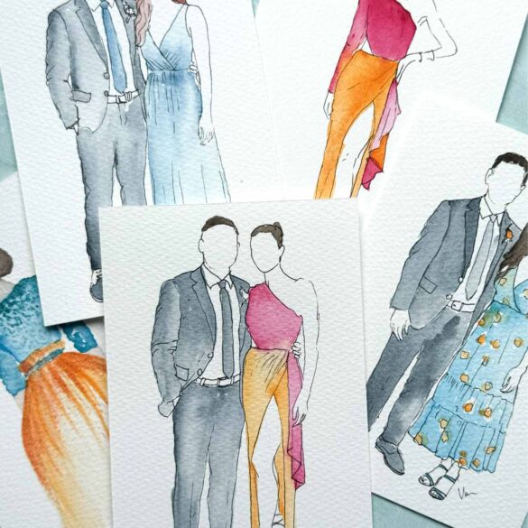 Assorted live watercolor event portraits by Do Tell A Belle — offering live wedding painting and guest keepsakes in Palm Beach, West Palm Beach, Palm Beach Gardens, and South Florida.
