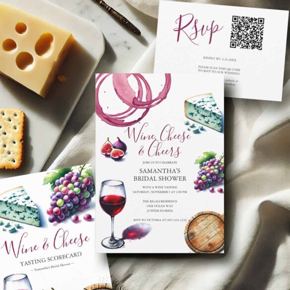Flat lay of wine bridal shower theme stationery set featuring bridal shower invitations, RSVP card, and wine tasting scorecard, designed with elegant burgundy watercolor details and coordinating party decoration kits for a winery bridal shower or wine tasting bridal shower.