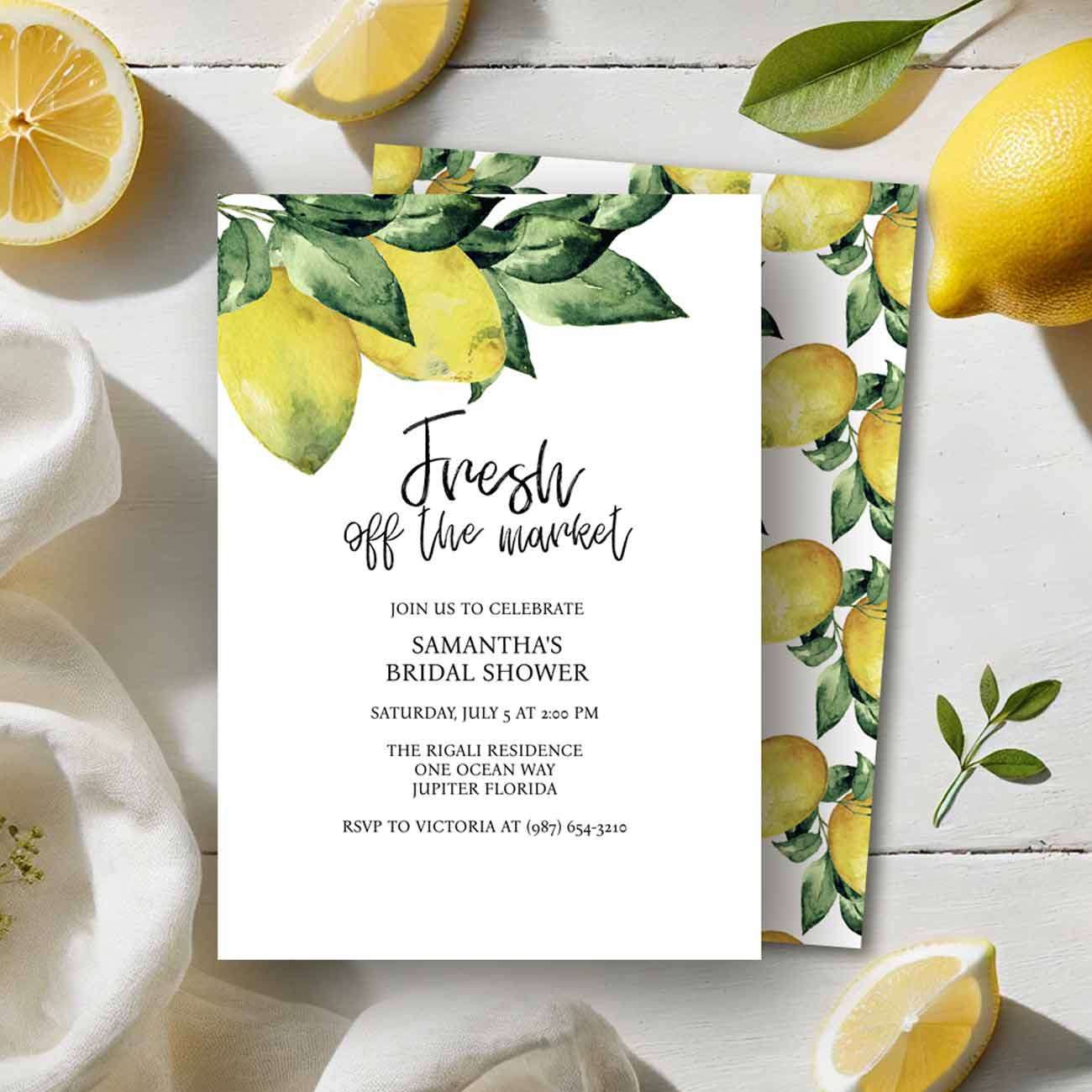 Fresh off the market lemon bridal shower invitations with watercolor art by Victoria of Do Tell A Belle.
