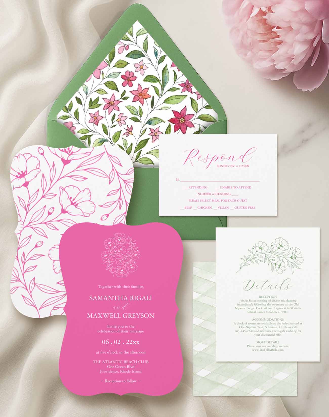 Custom wedding invitations suite by Do Tell A Belle features hand painted and hand drawn floral art in shades of pink with green accents.
