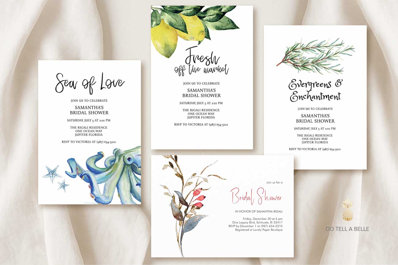 Flat lay of printable bridal shower invitations featuring hand painted watercolor art by Victoria Grigaliunas of Do Tell A Belle a woman owned small business in South Florida