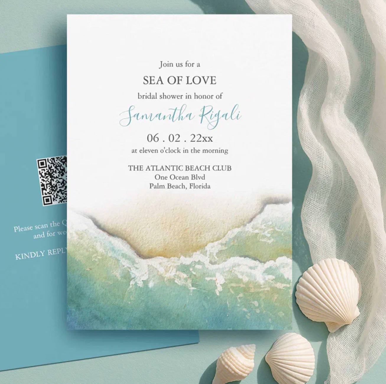 Teal seashore bridal shower invitation with watercolor ocean waves by Victoria Grigaliunas of Do Tell A Belle — modern nautical design for beach bridal showers.