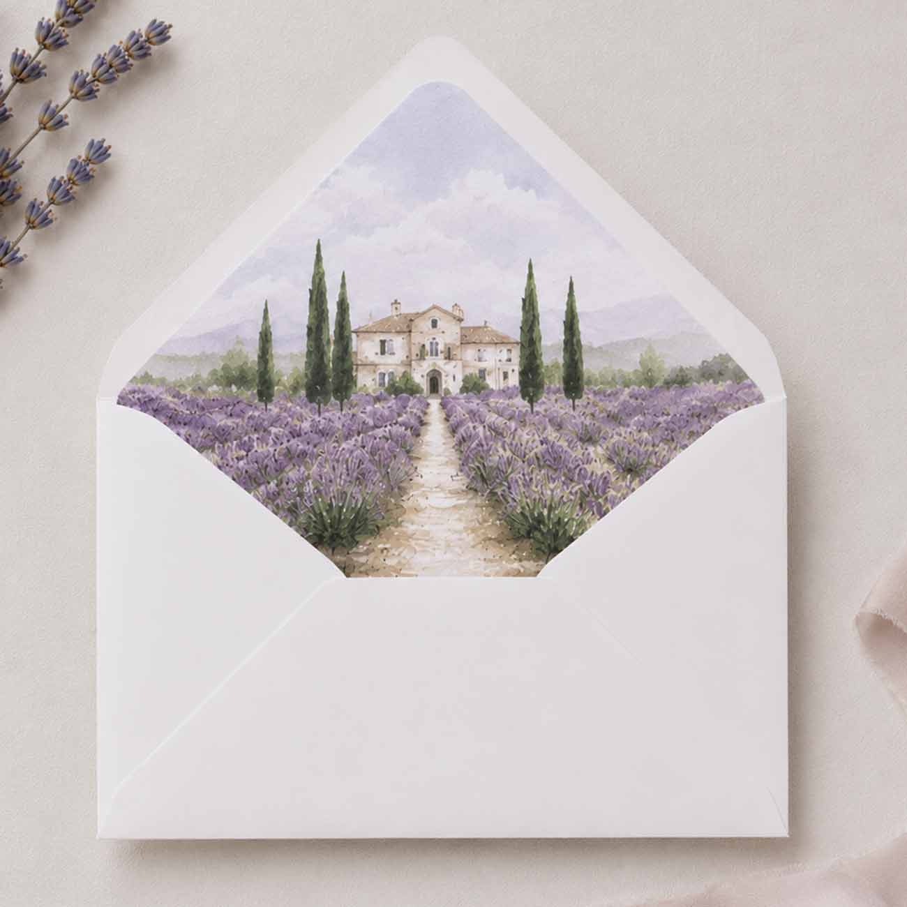 White euro flap wedding envelope featuring a watercolor envelope liner illustrated with a lavender field, cypress trees, and a romantic villa. The envelope is styled on a soft neutral background with lavender sprigs and silk ribbon, creating an elegant wedding stationery presentation.