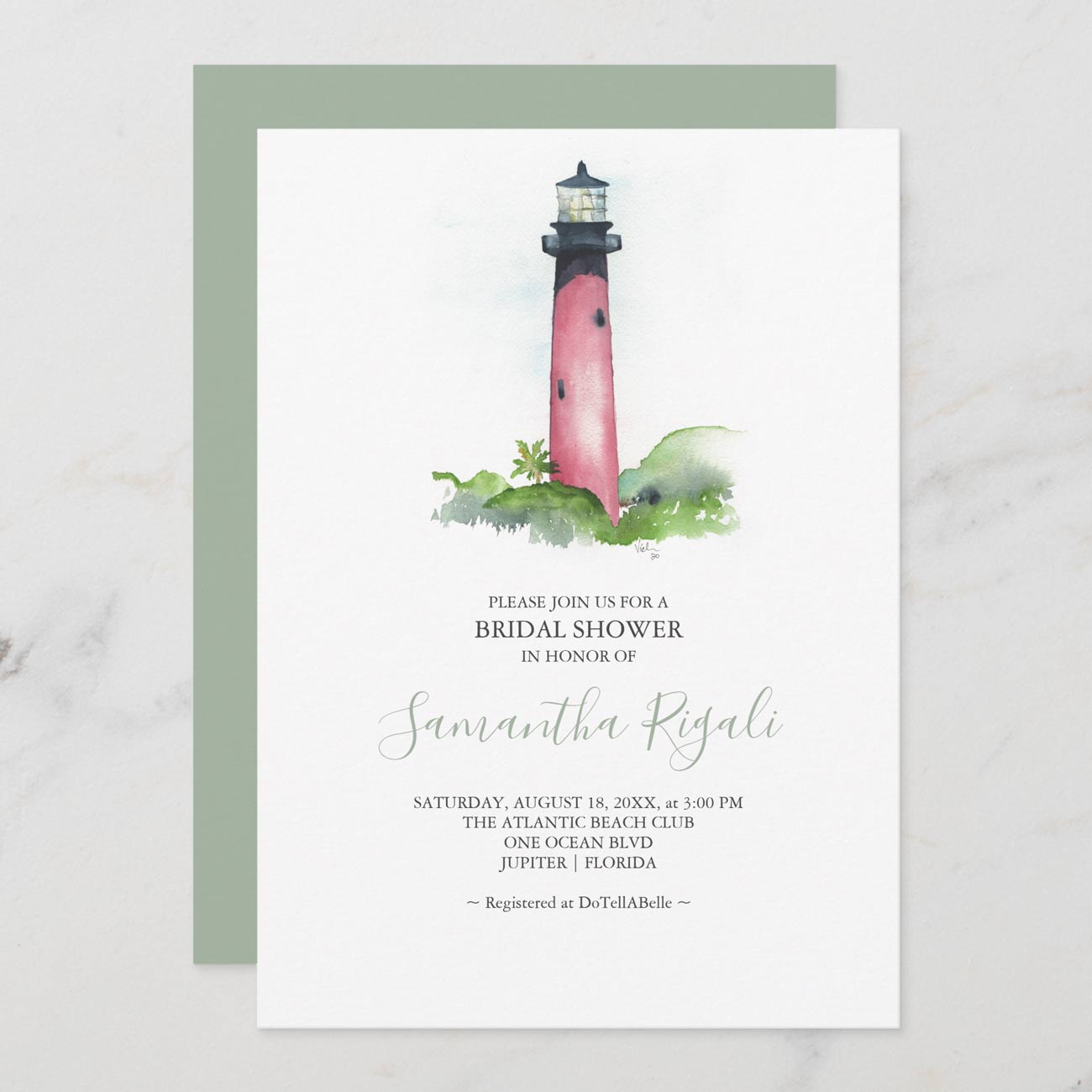 Watercolor Jupiter Florida lighthouse bridal shower invitation by Victoria Grigaliunas of Do Tell A Belle — nautical coastal theme for seaside or destination bridal showers.