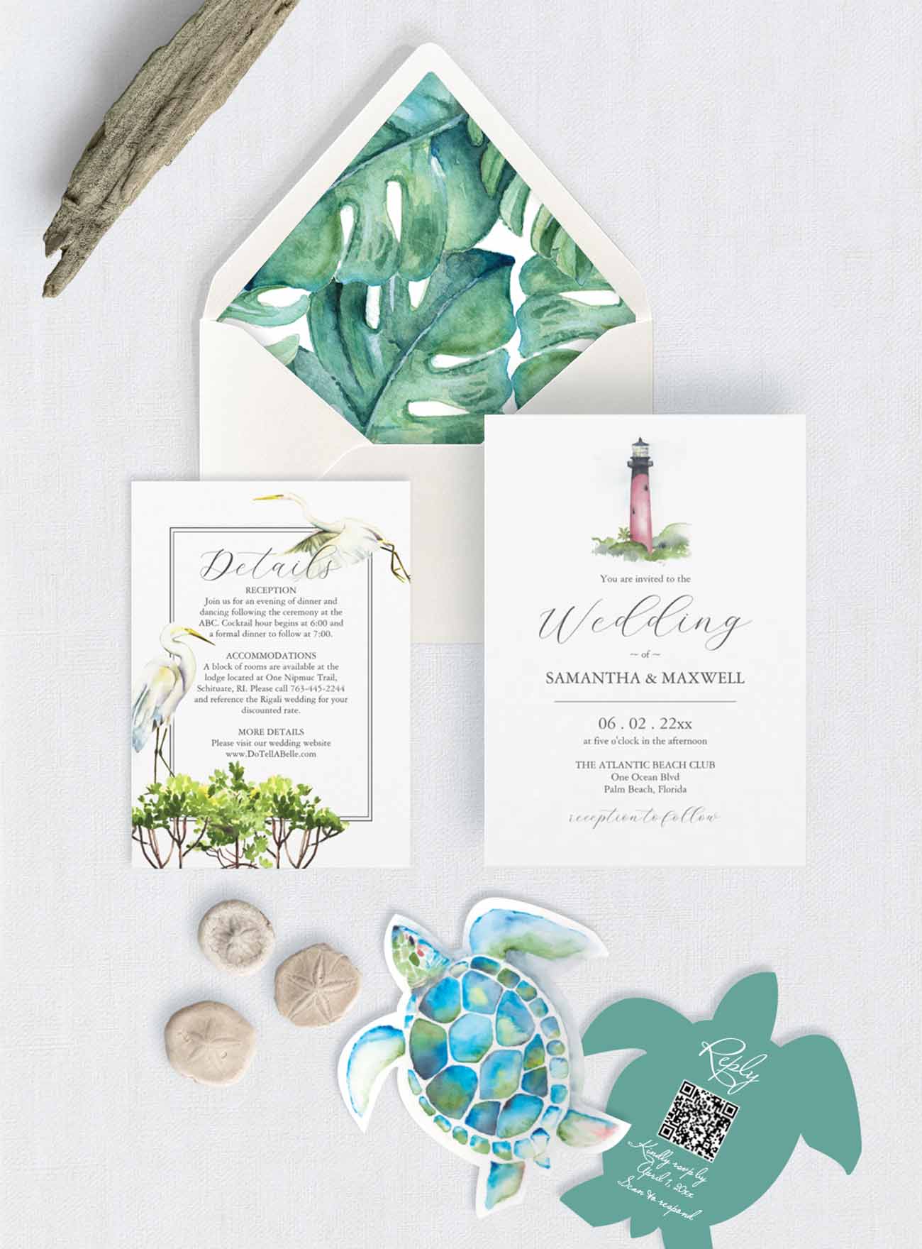 watercolor wedding invitation suite inspiration features a Jupiter Lighthouse venue wedding invitations, monstera palm leaves envelope liner, details card and watercolor sea turtle die cut rsvp cards for a Florida Destination Wedding.