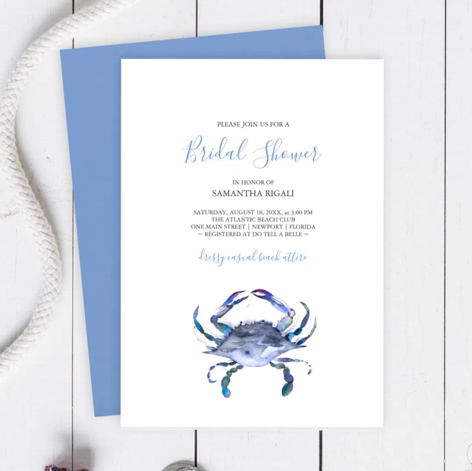Watercolor blue crab bridal shower invitation in ocean blues by Victoria Grigaliunas of Do Tell A Belle — nautical wedding shower stationery with matching décor and gifts.