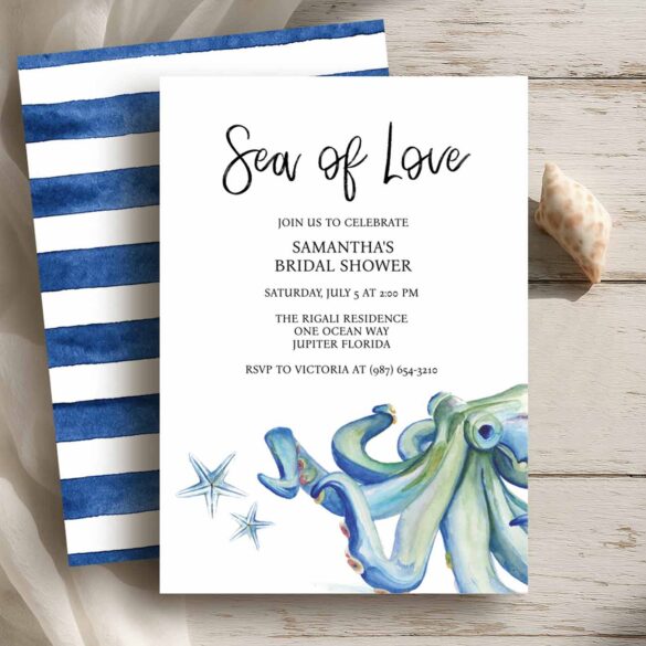Hand-painted watercolor blue octopus bridal shower invitation by Victoria Grigaliunas of Do Tell A Belle, featuring navy watercolor stripes on the back — perfect for nautical bridal showers and coastal weddings.