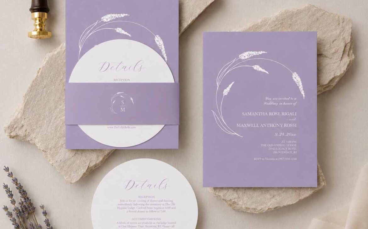 Stacked Wedding Invitations with Lavender Line Art