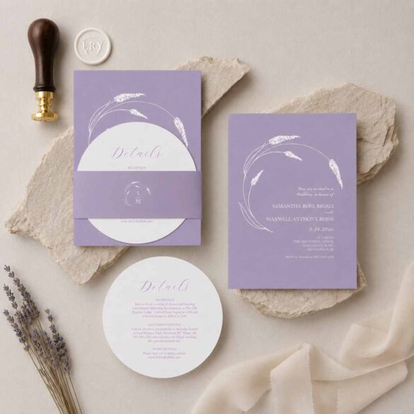 Lavender stacked wedding invitations featuring a layered 5x7 invitation, round details card, and coordinating belly band with delicate botanical line art. The stationery suite is styled on natural stone slabs with a wax seal stamp, creating an elegant flat-lay presentation for a romantic garden or vineyard wedding.