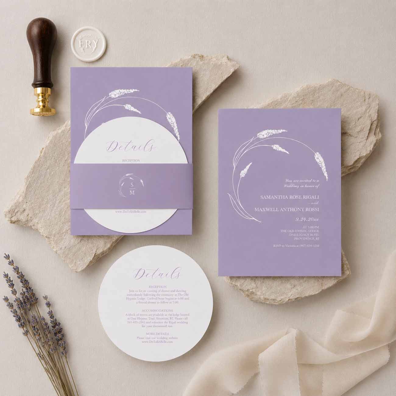 Lavender stacked wedding invitations featuring a layered 5x7 invitation, round details card, and coordinating belly band with delicate botanical line art. The stationery suite is styled on natural stone slabs with a wax seal stamp, creating an elegant flat-lay presentation for a romantic garden or vineyard wedding.