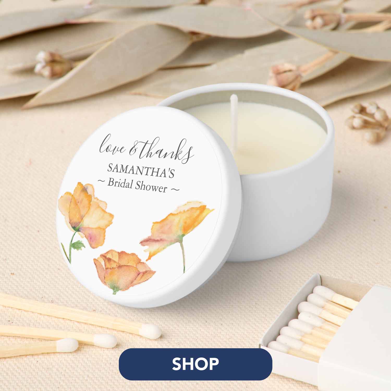 Our affordable love is in bloom bridal shower party favors for guests are designed with hand painted art by Florida watercolor artist Victoria Grigaliunas of Do Tell A Belle. Tap to shop this candle favor designed to coordinate with our orange watercolor poppy theme. 