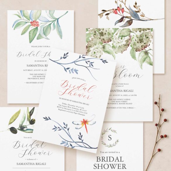 Where to find elegant bridal shower invitation designs for a rustic theme image shows unique watercolor designs by Victoria Grigaliunas of Do Tell A Belle