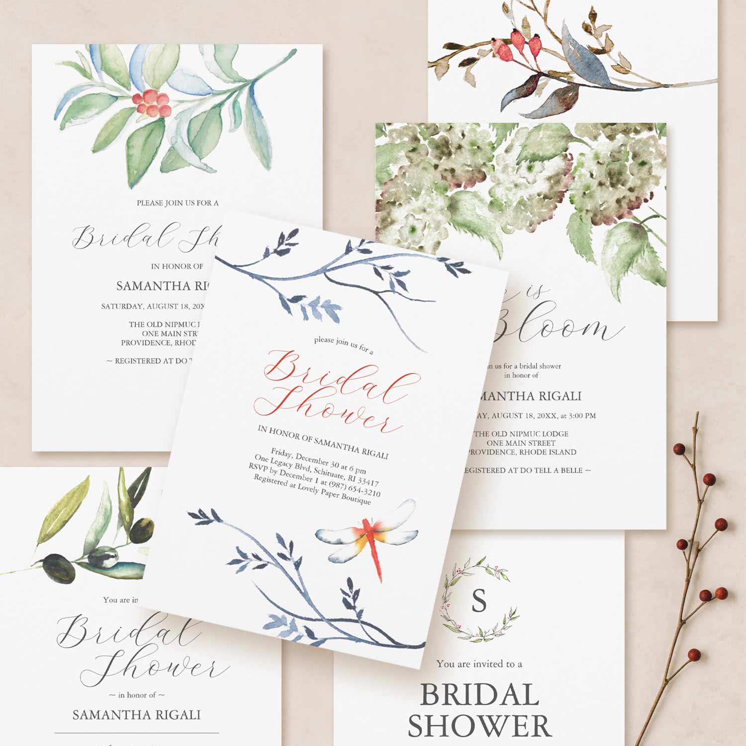 Where to find elegant bridal shower invitation designs for a rustic theme image shows unique watercolor designs by Victoria Grigaliunas of Do Tell A Belle