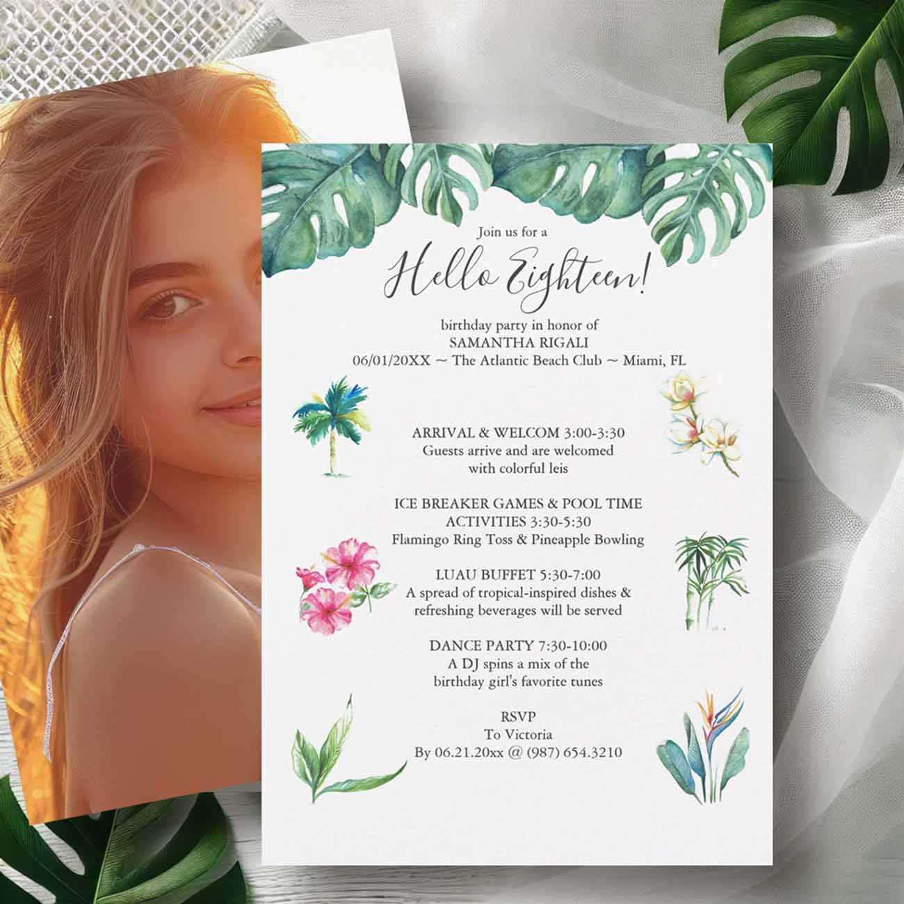 birthday party invitation card with photo designed with hand painted tropical art by Victoria Grigaliunas a Florida watercolor artist in Palm Beach Gardens. 
