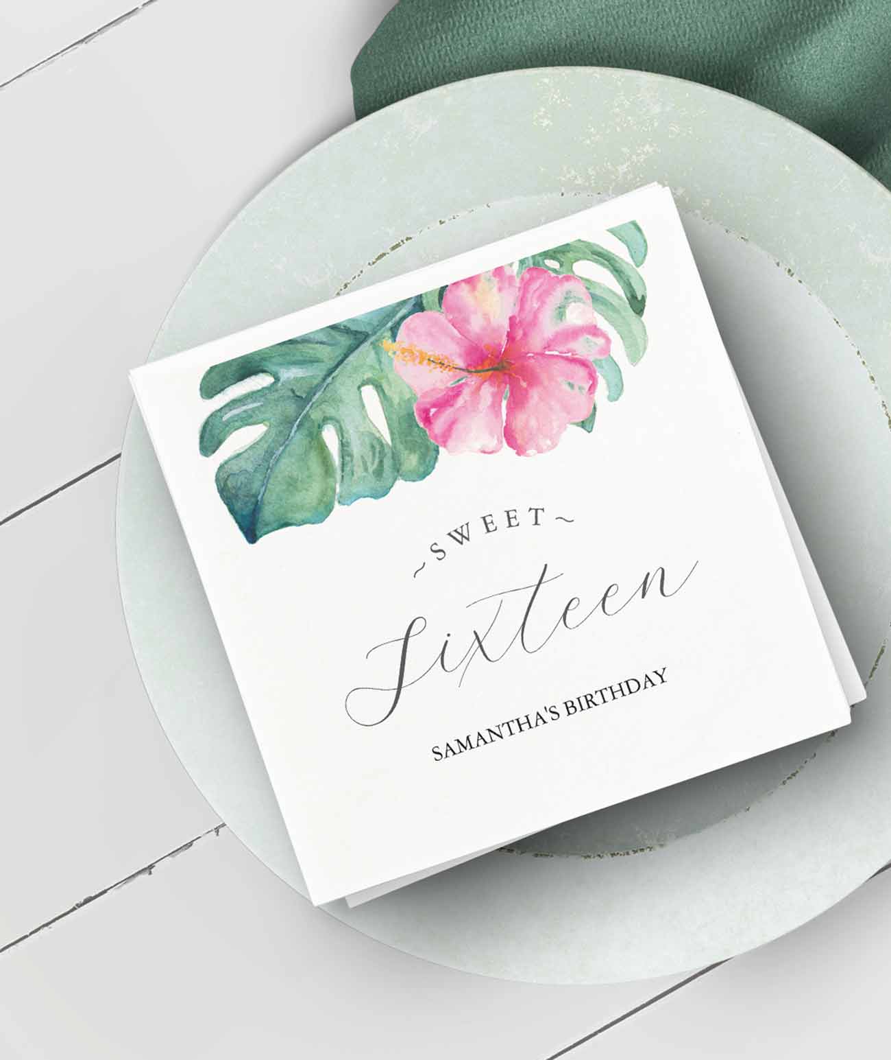 sweet 16 birthday party napkins designed with tropical monstera leaf and pink hibiscus flowers. 