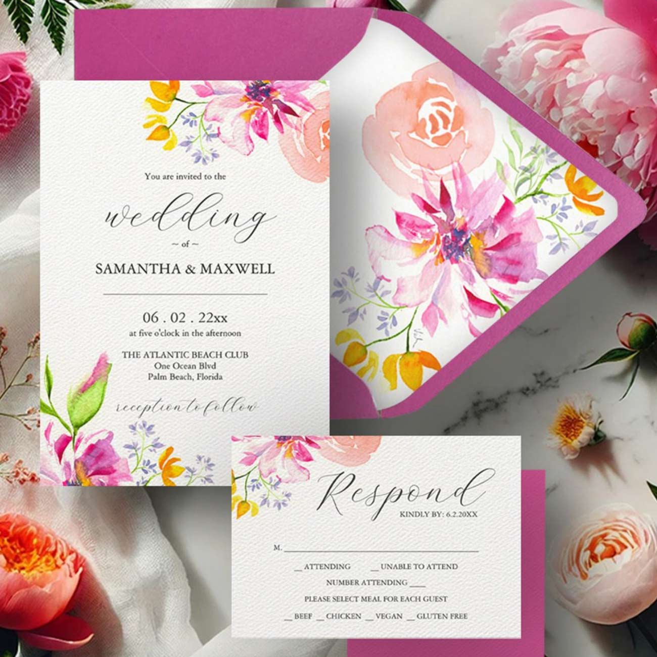 bold pink wedding invitations designed with hand painted watercolor flowers by Victoria Grigaliunas of Do Tell A Belle.