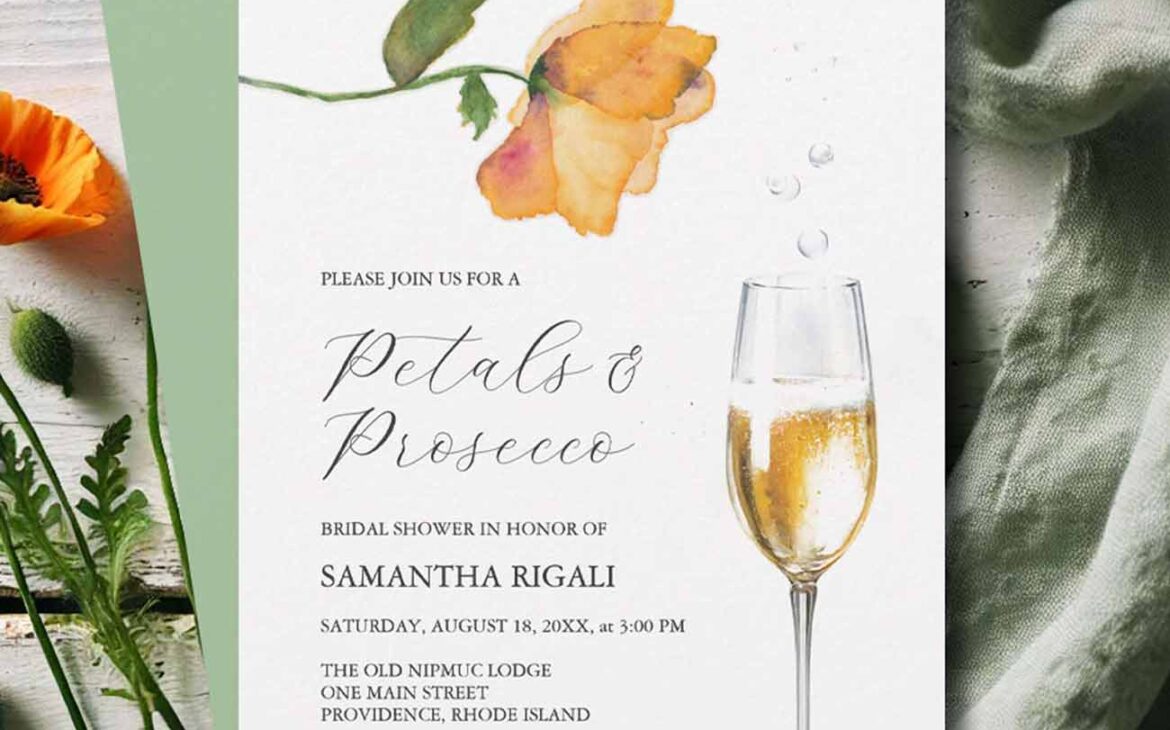 Flat lay of a custom bridal shower invitation designed with hand painted floral art by Florida watercolor artist Victoria Grigaliunas of Do Tell A Belle