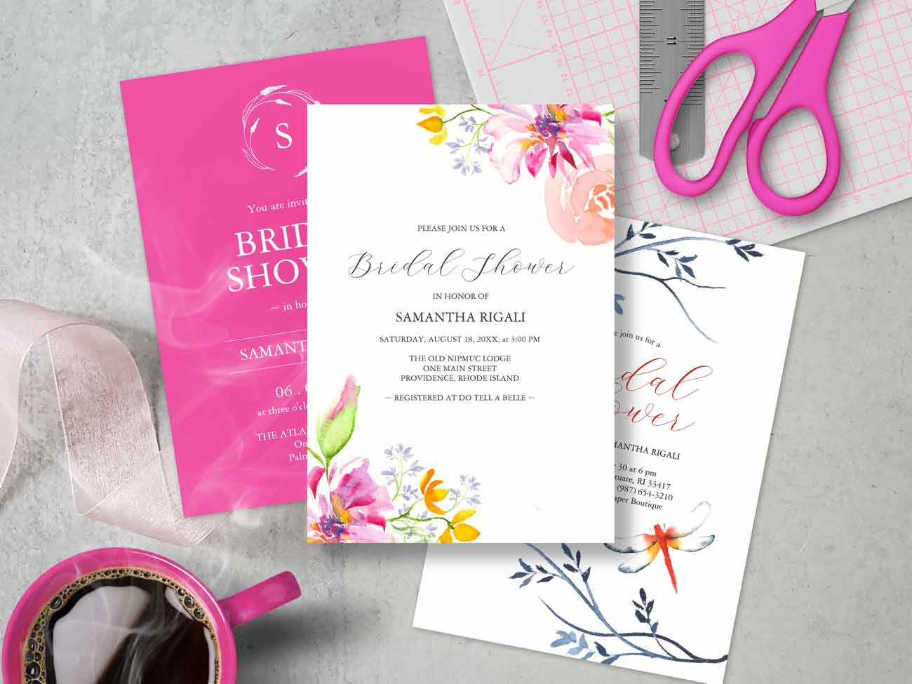 Custom bridal shower invitations printing designed with hand painted watercolor art by Victoria Grigaliunas of Do Tell A Belle.