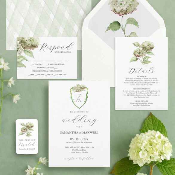 DIY wedding invitations kit designed with watercolor green hydrangea art by Victoria Grigaliunas of Do Tell A Belle. Tap to explore the line.