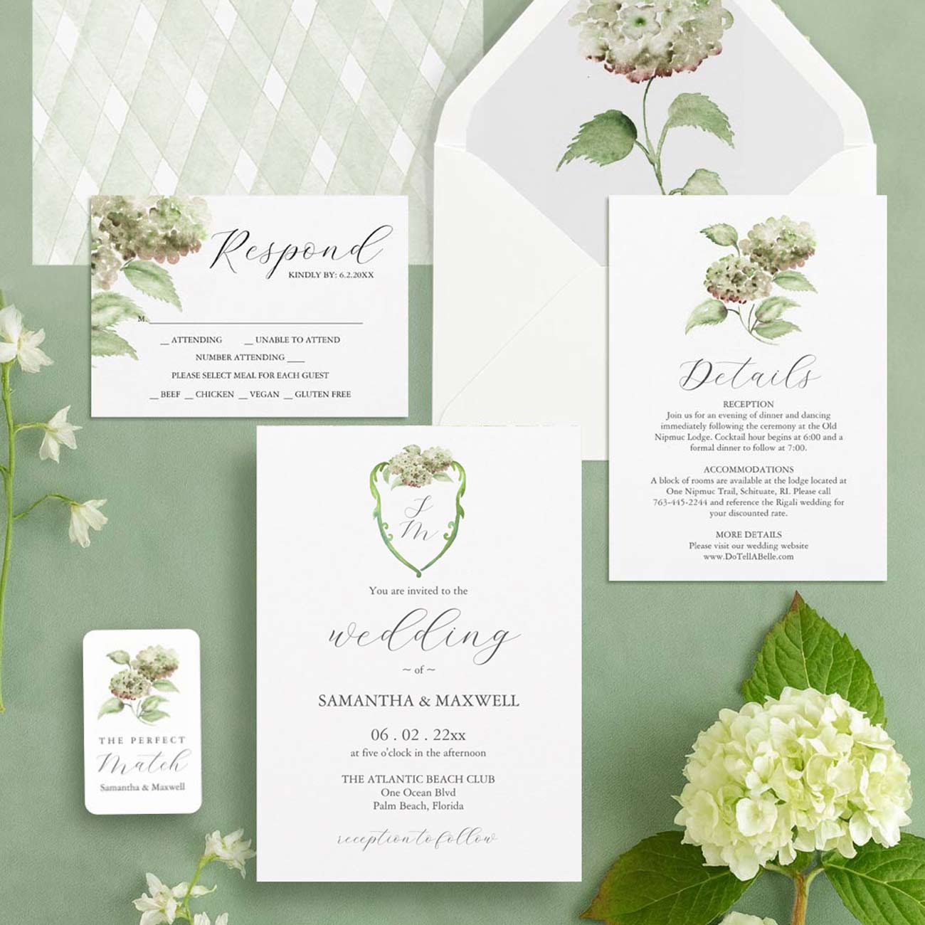DIY wedding invitations kit designed with watercolor green hydrangea art by Victoria Grigaliunas of Do Tell A Belle. Tap to explore the line. 