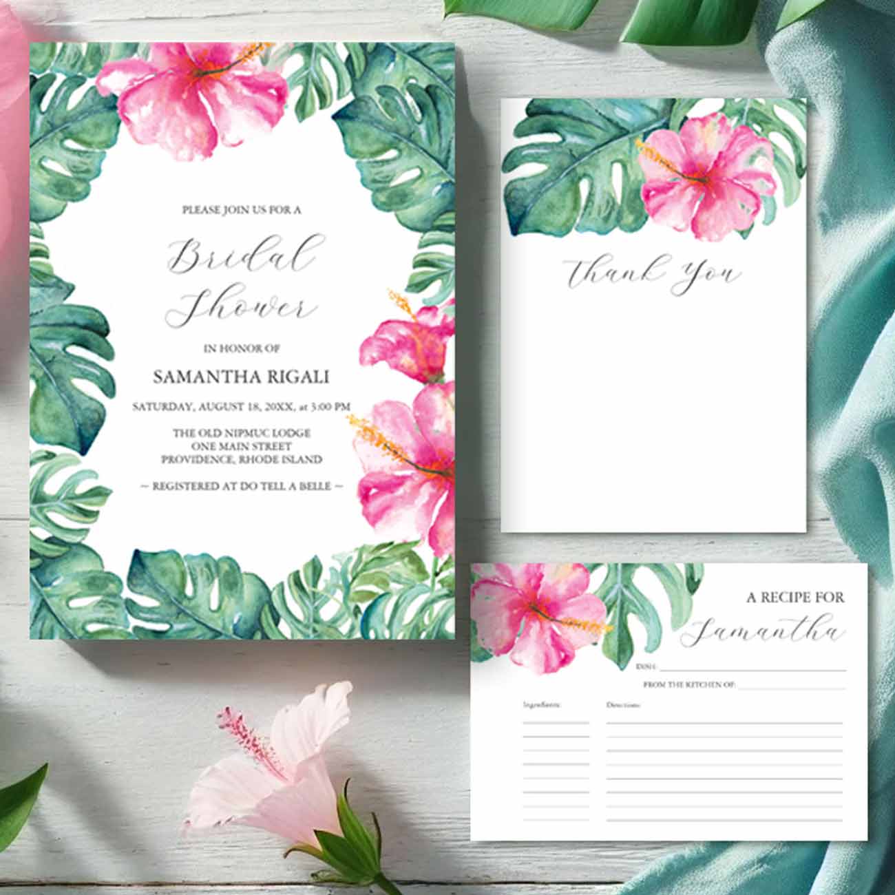 Custom bridal shower invitation designed with hand painted tropical pink floral art by Florida watercolor artist Victoria Grigaliunas of Do Tell A Belle