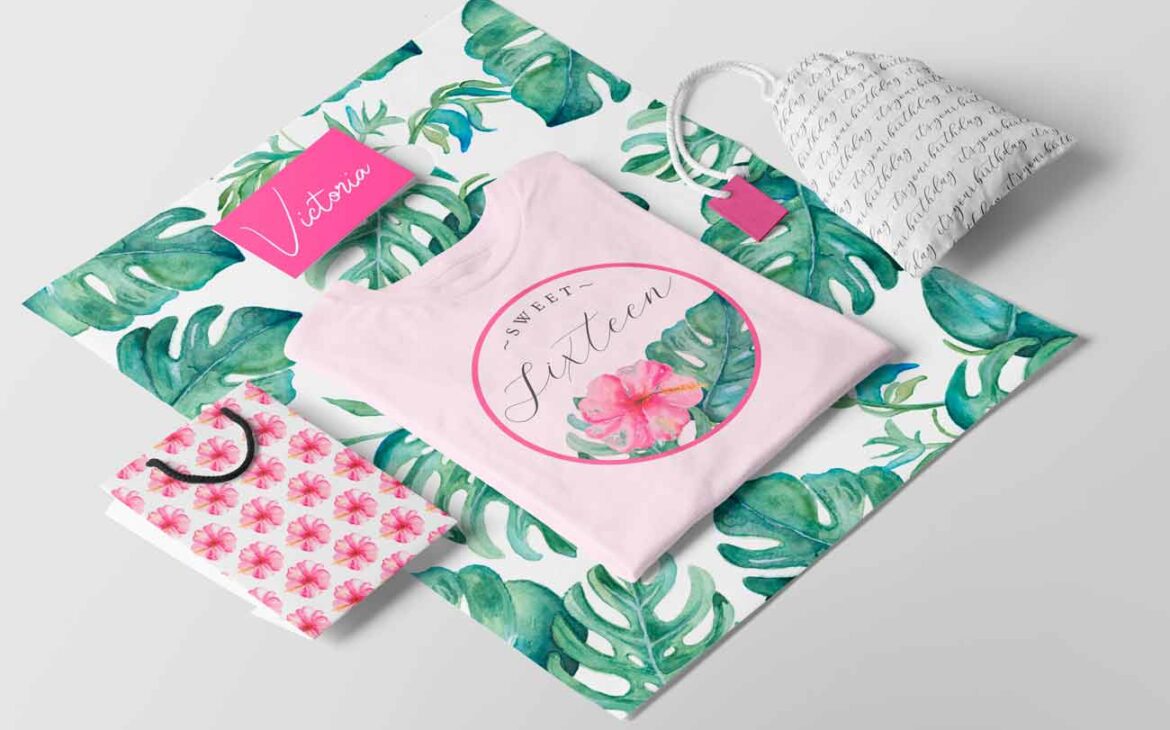 tropical sweet 16 birthday party theme features t shirt design and favors.