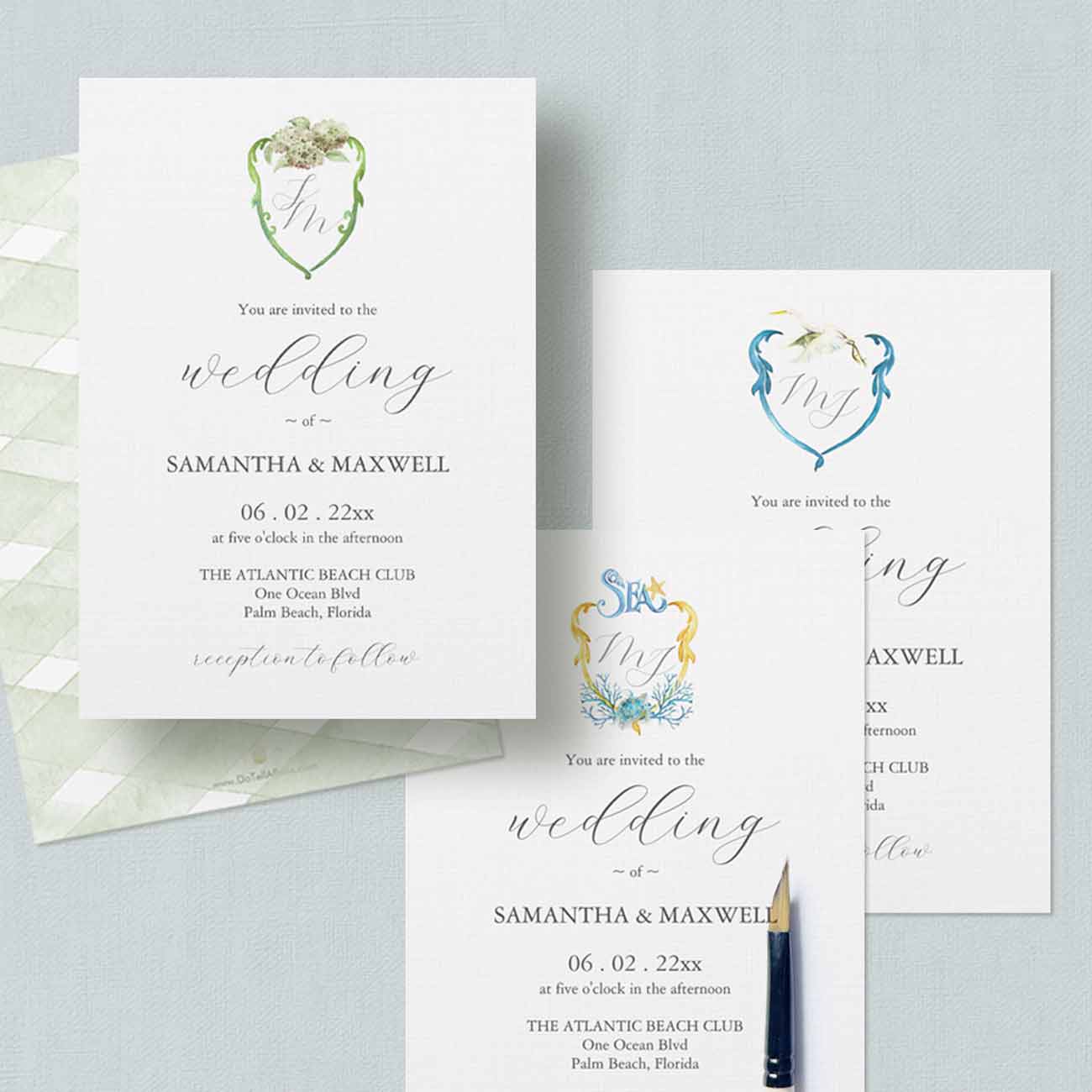 custom watercolor wedding monograms by Victoria Grigaliunas of Do Tell A Belle.